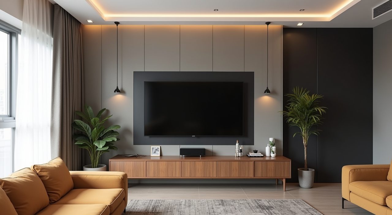 Industrial living room in a Singapore HDB flat with warm grey walls and a black TV feature wall