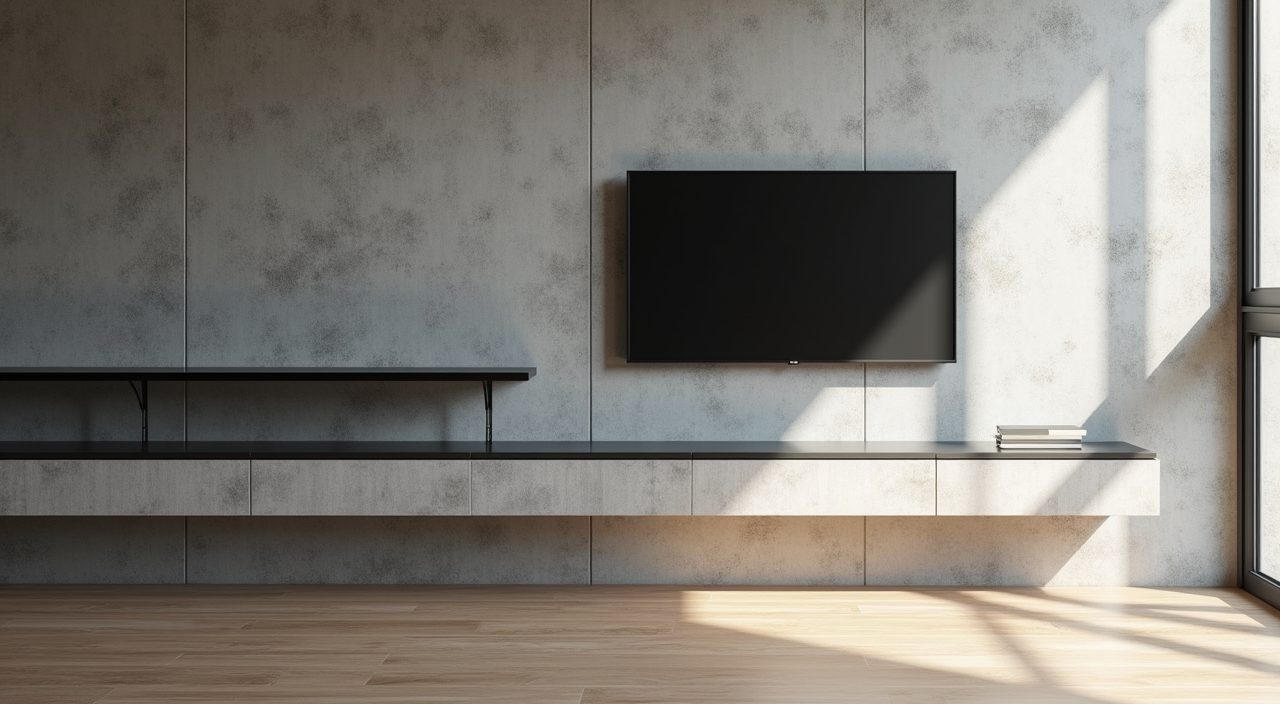 Close up of a cement look microcement feature wall in an industrial style Singapore living room