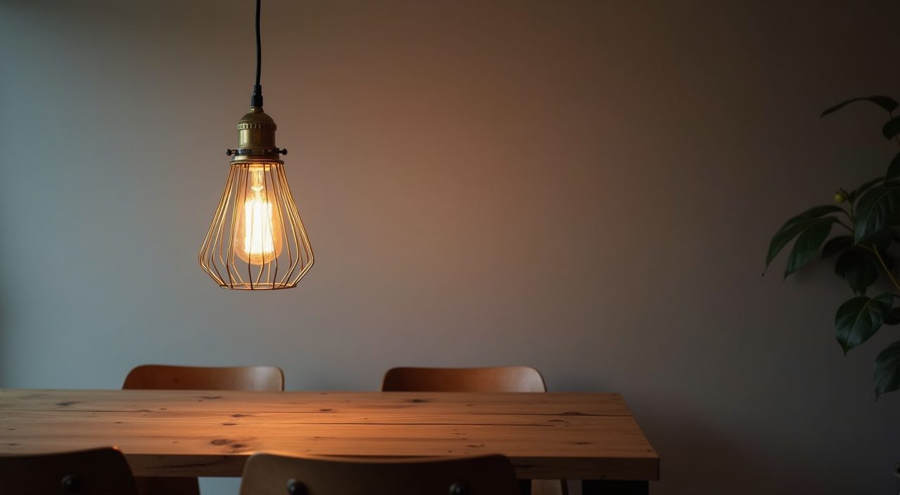 Edison cage pendant light over a timber bench in an industrial style Singapore living room