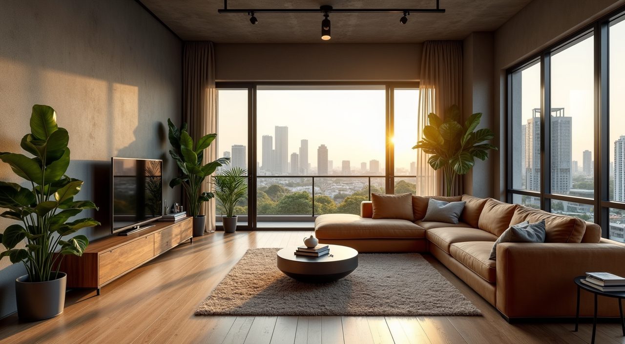 Wide view of a complete industrial style living room in a Singapore condo at golden hour