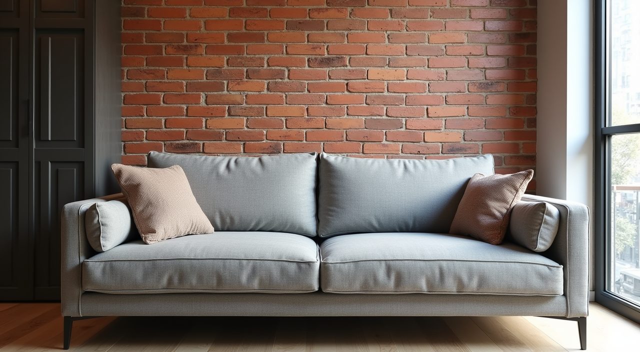 Industrial style Singapore living room with a brick effect feature wall behind a grey sofa