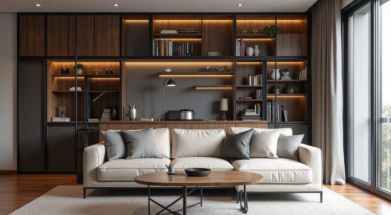 Black metal open shelving and a glass partition in an industrial style Singapore living room