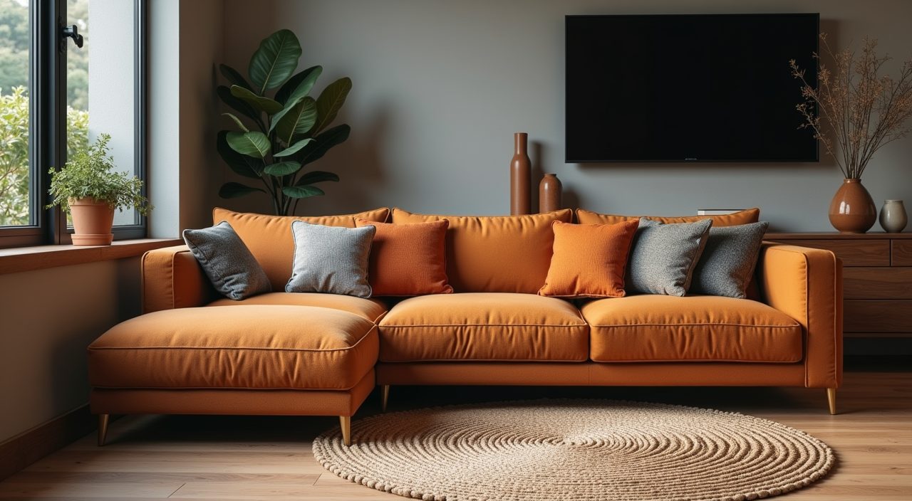 Wood and soft textile detail with a tan fabric sofa in an industrial style Singapore living room