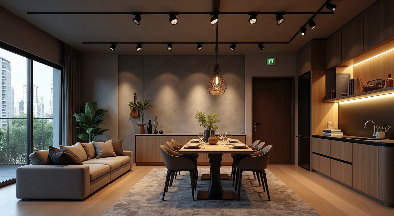 Black track lighting and recessed downlights on a false ceiling in an industrial Singapore living room