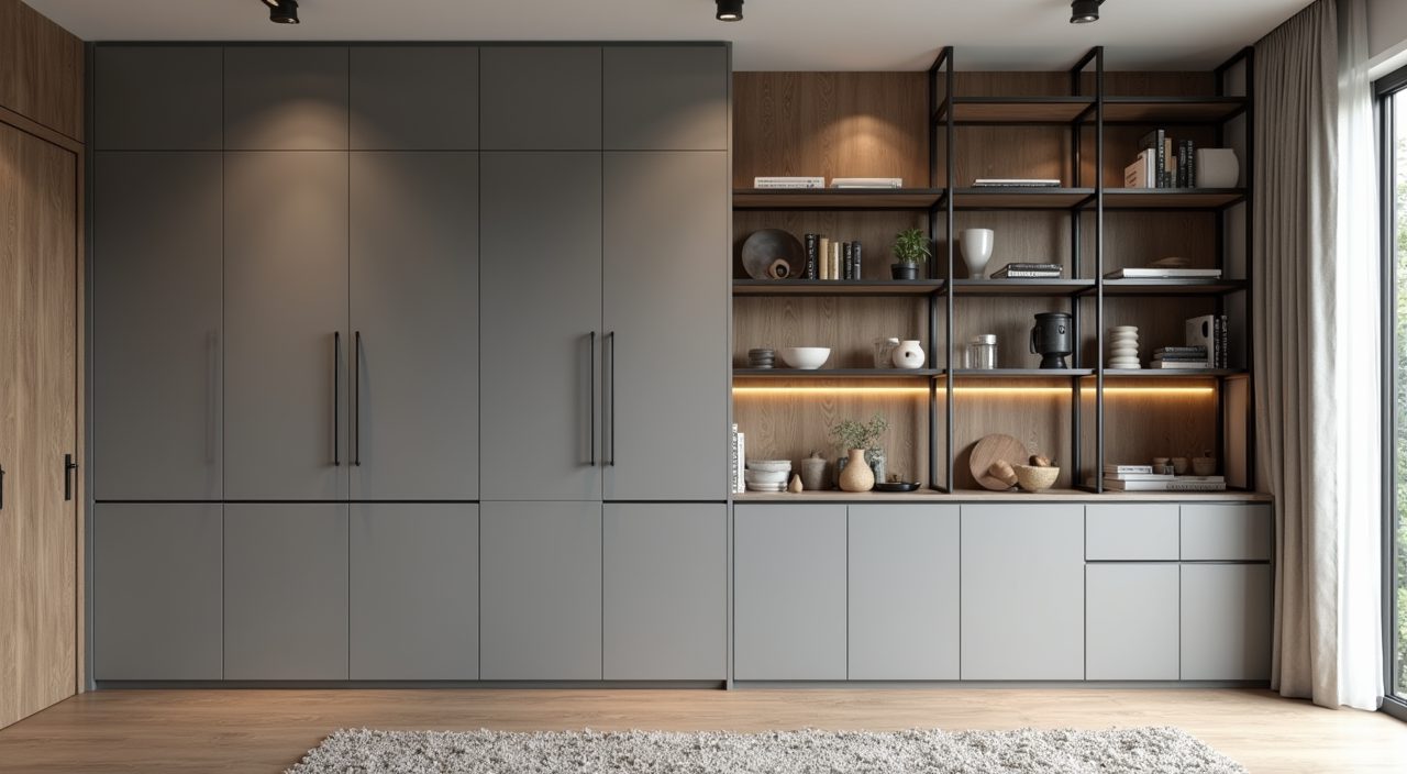 Full height grey carpentry and black metal open shelving storage in an industrial Singapore living room