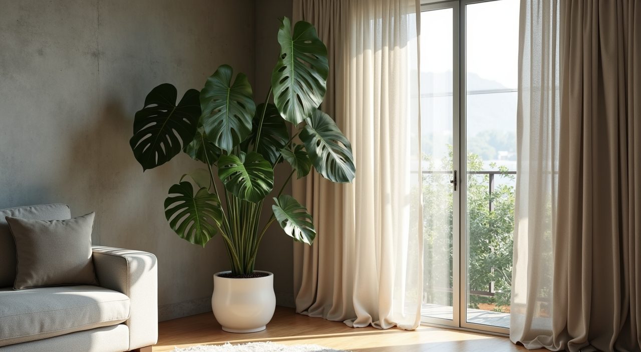 Large leaf plants by a linen curtained window in an industrial style Singapore living room corner