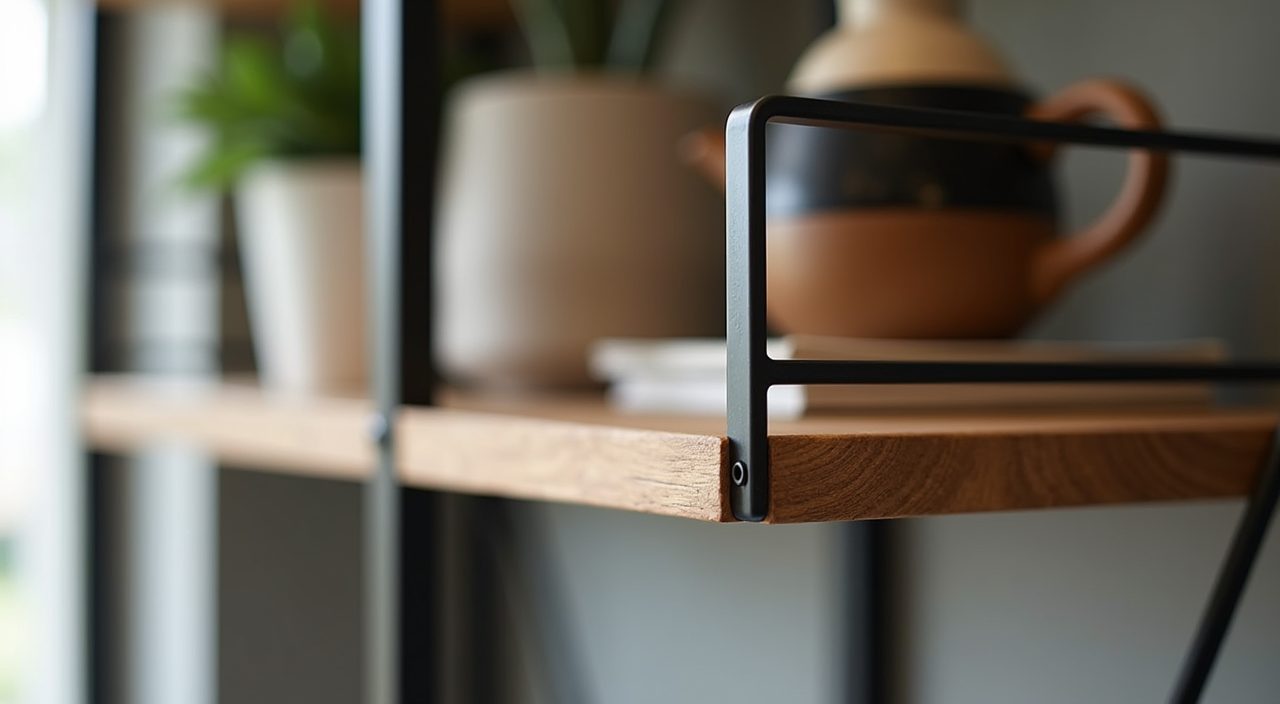 Macro detail of a black steel bracket and oak wood shelf in an industrial style Singapore living room