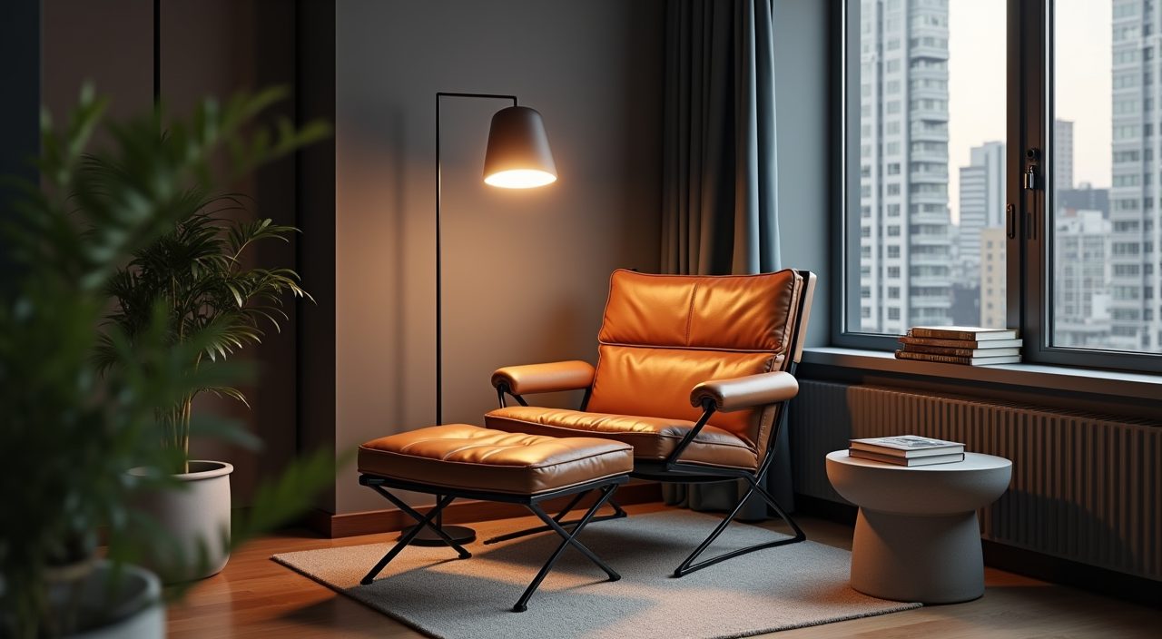 Industrial style reading nook with a metal armchair and floor lamp in a Singapore living room