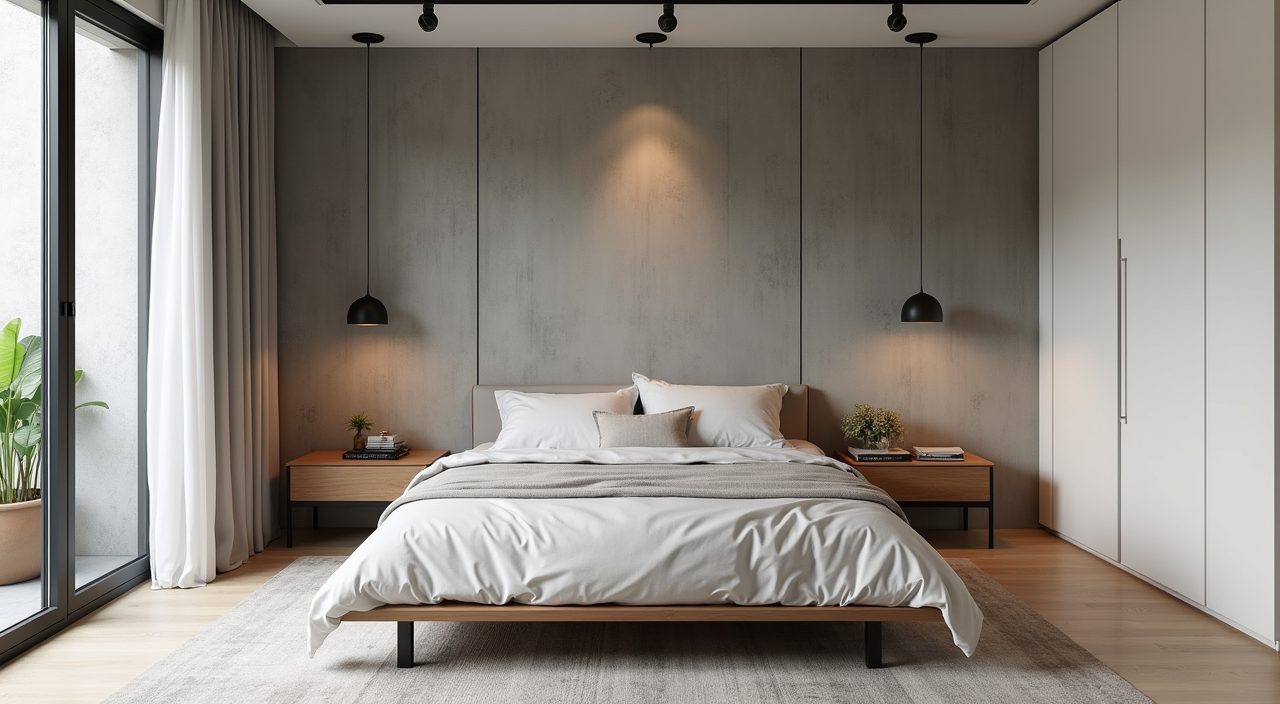 Industrial master bedroom with a single cement screed feature wall behind the bed in a Singapore apartment