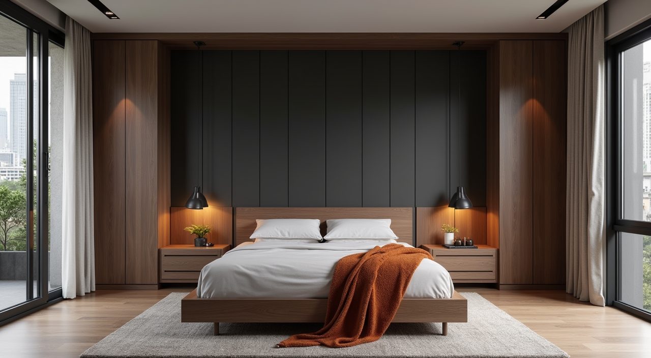 Industrial style Singapore master bedroom in charcoal and grey warmed by oak and walnut timber