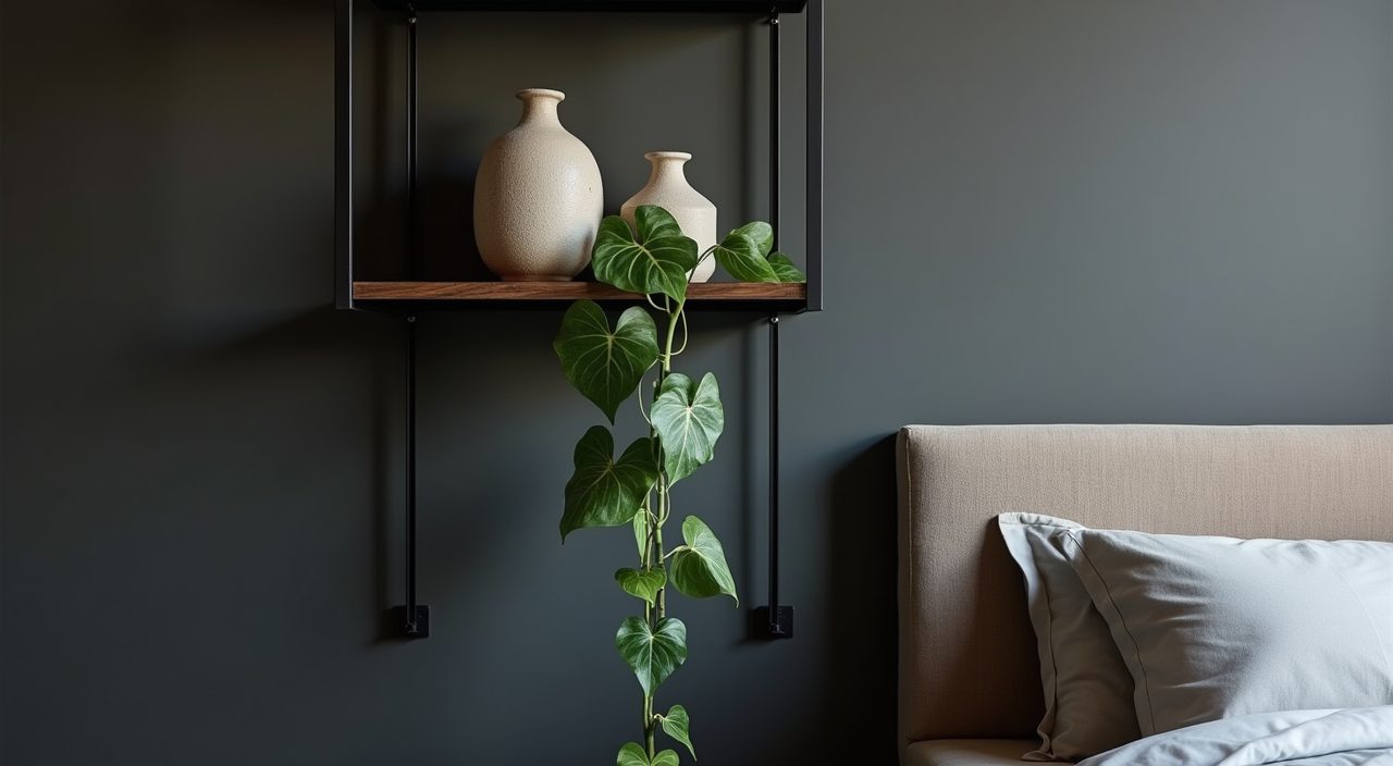 Sparingly styled black metal open shelving with a pothos plant in an industrial Singapore master bedroom