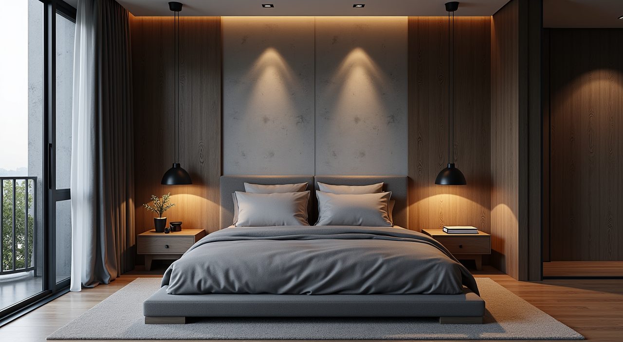 Atmospheric dusk wide view of an industrial style master bedroom with layered lighting in a Singapore apartment