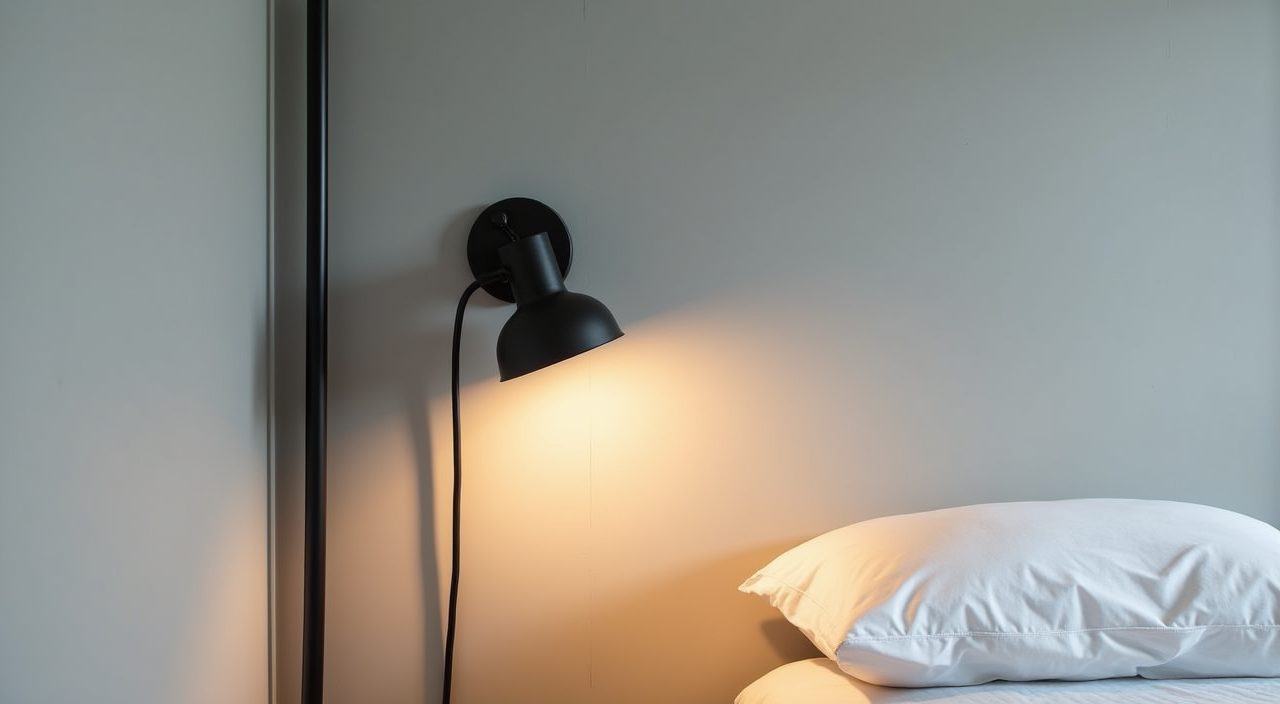 Surface-mounted black conduit detail feeding a wall lamp in an industrial Singapore master bedroom