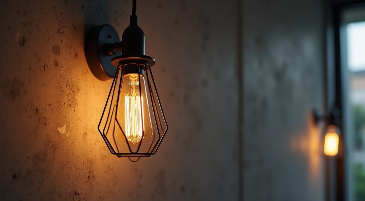 Black metal cage wall lamp with exposed filament bulb in an industrial Singapore master bedroom
