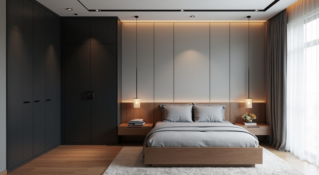 Full-height matte black built-in wardrobe and timber storage bed in an industrial Singapore master bedroom