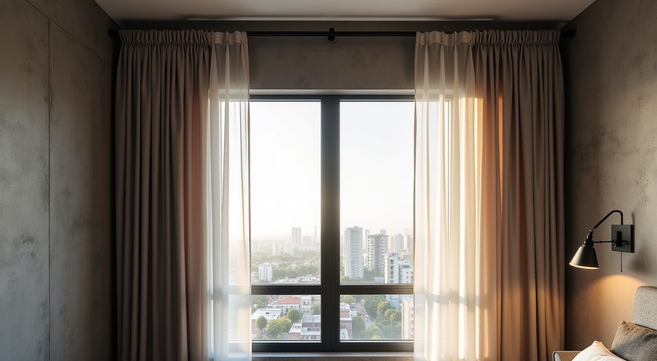 Black-track sheer and blackout window treatment controlling glare in an industrial Singapore master bedroom
