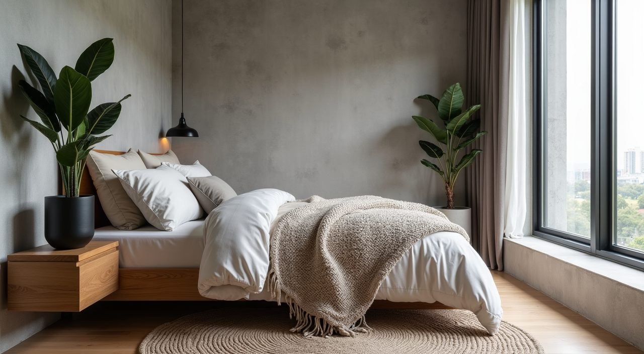 Corner nook with snake plant, knit throw and textured rug softening an industrial Singapore master bedroom