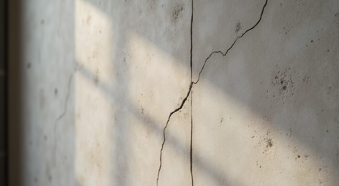 Close-up of hand-trowelled cement screed wall texture in an industrial Singapore master bedroom
