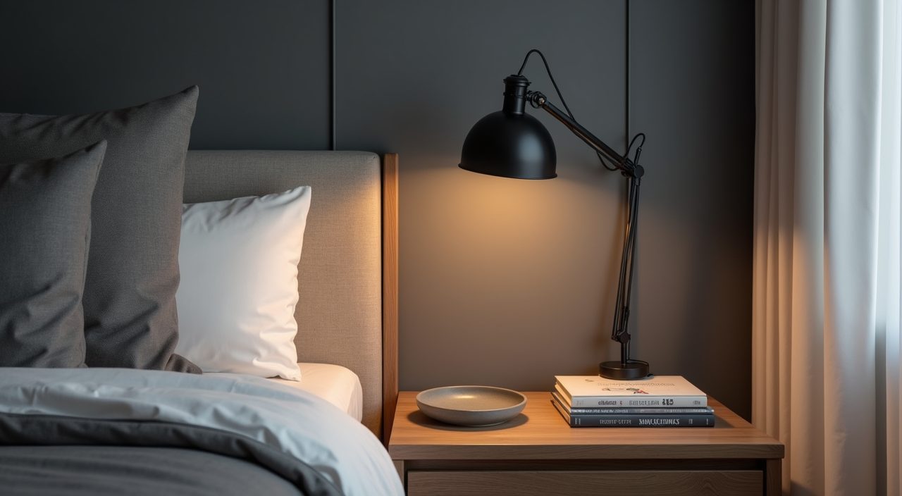 Bedside vignette with black metal arm lamp and walnut nightstand in an industrial Singapore master bedroom