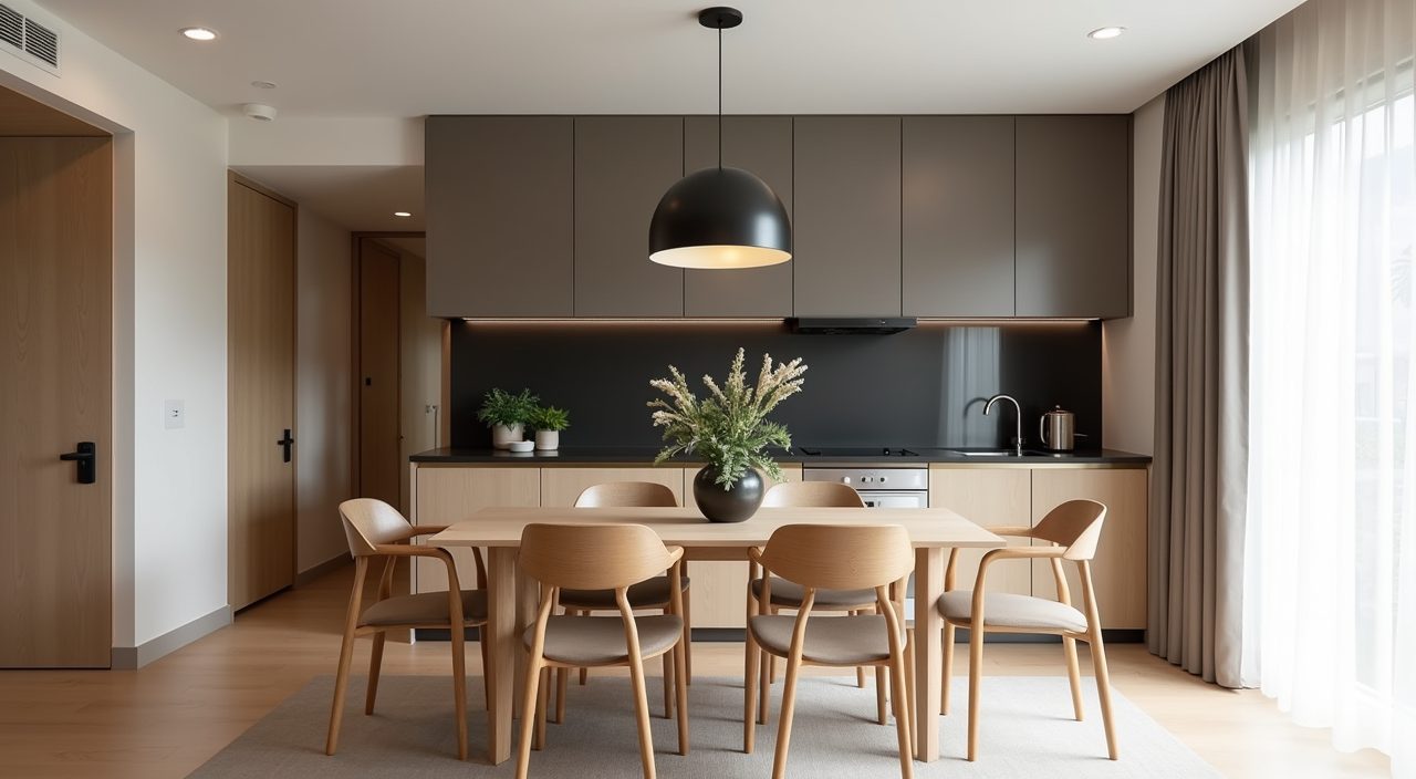 Japandi dining area in a Singapore HDB flat with warm neutral palette and charcoal accent wall