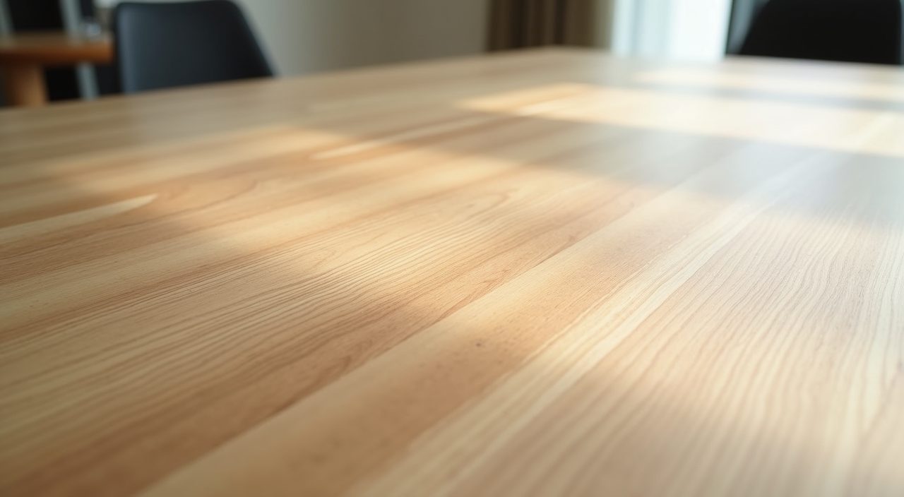 Close-up of a matte oak wood-grain table finish in a Japandi Singapore dining area