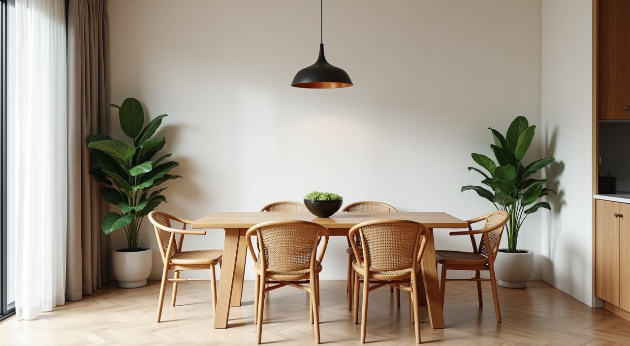 Serene wide view of a Japandi dining area with oak table and greenery in a Singapore condo