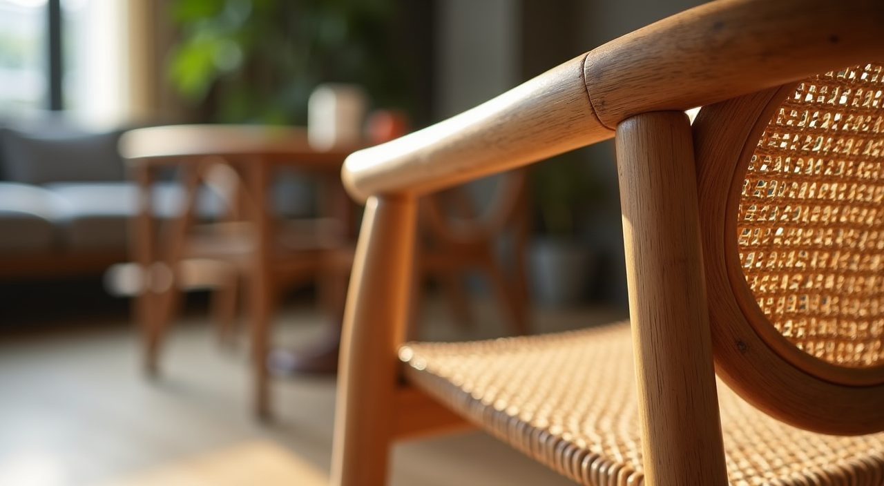 Rattan and oak Japandi dining chair detail with woven cane back in a Singapore home
