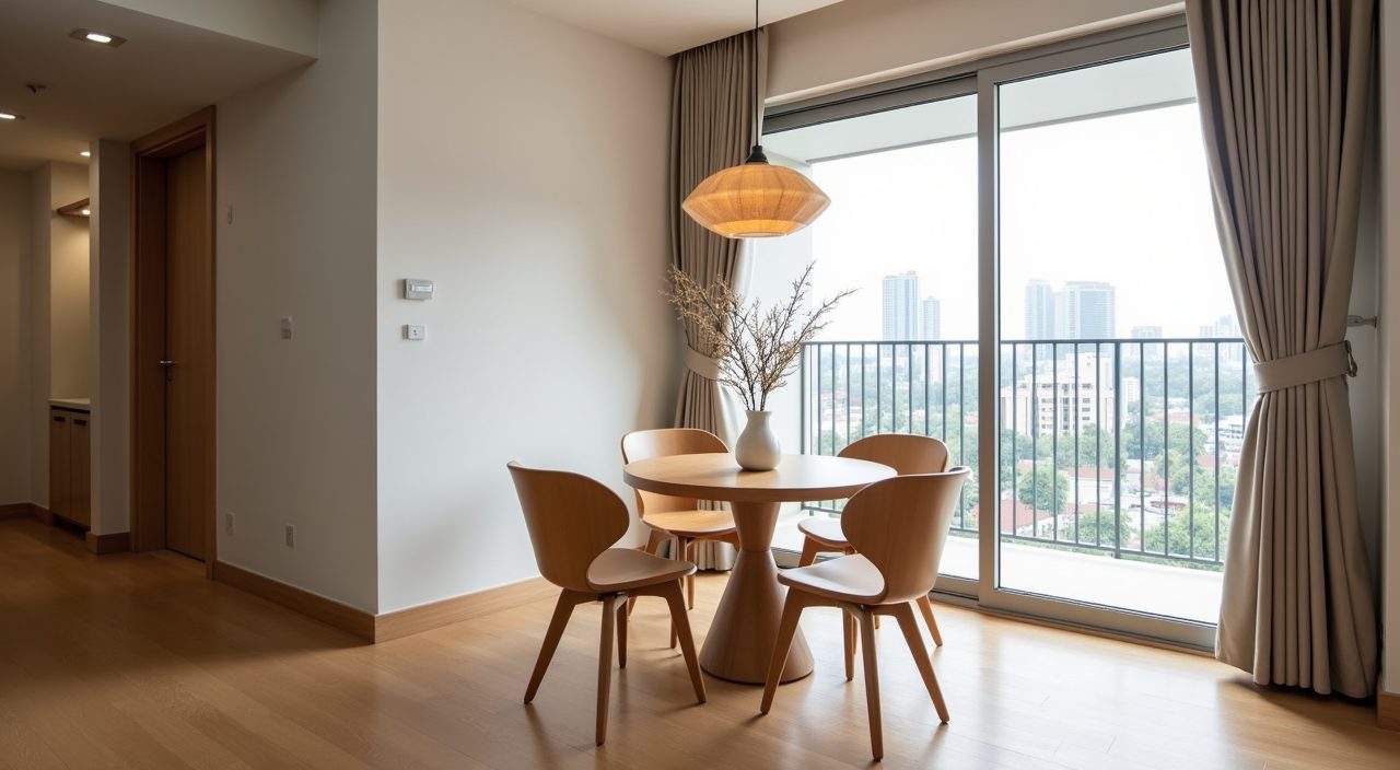 Round Japandi oak dining table for four with clear walkway in a small Singapore HDB dining area
