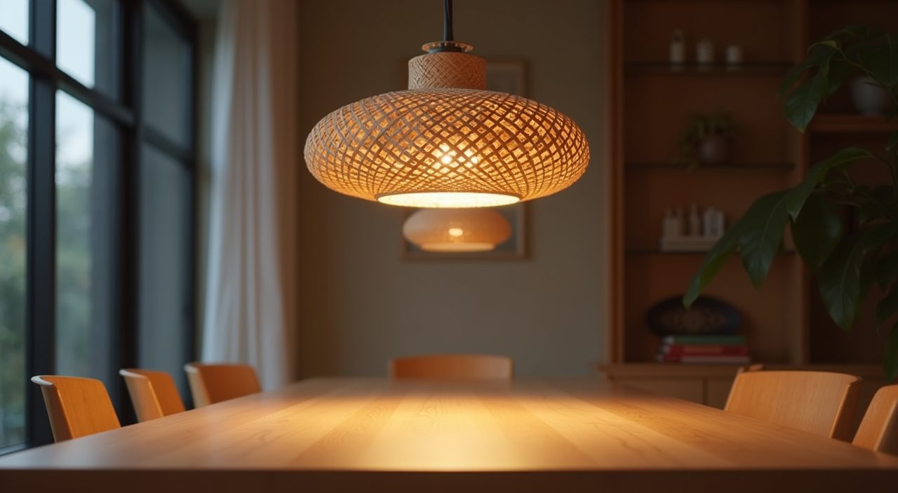 Rattan pendant light with warm white glow over a Japandi dining table in Singapore