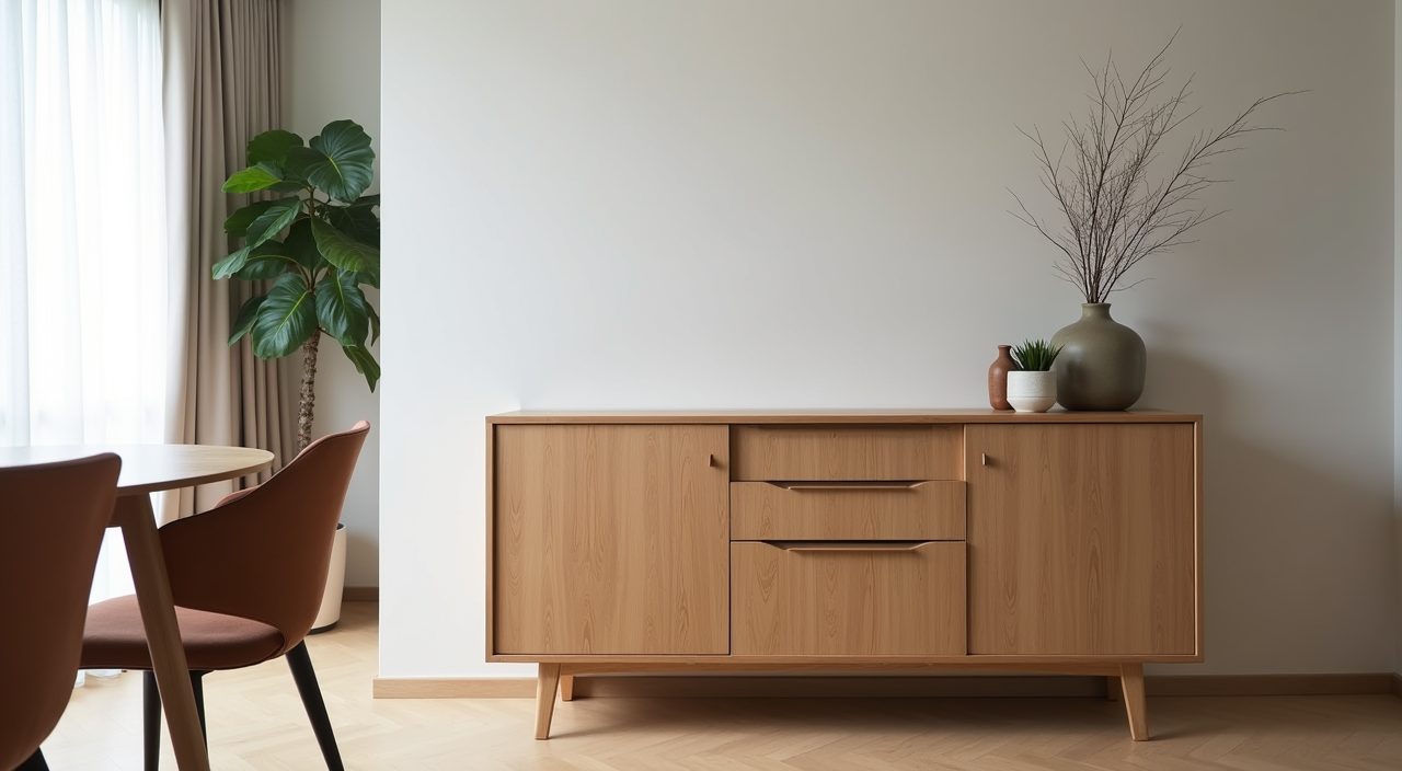 Low handleless oak sideboard storage in a Japandi Singapore dining area
