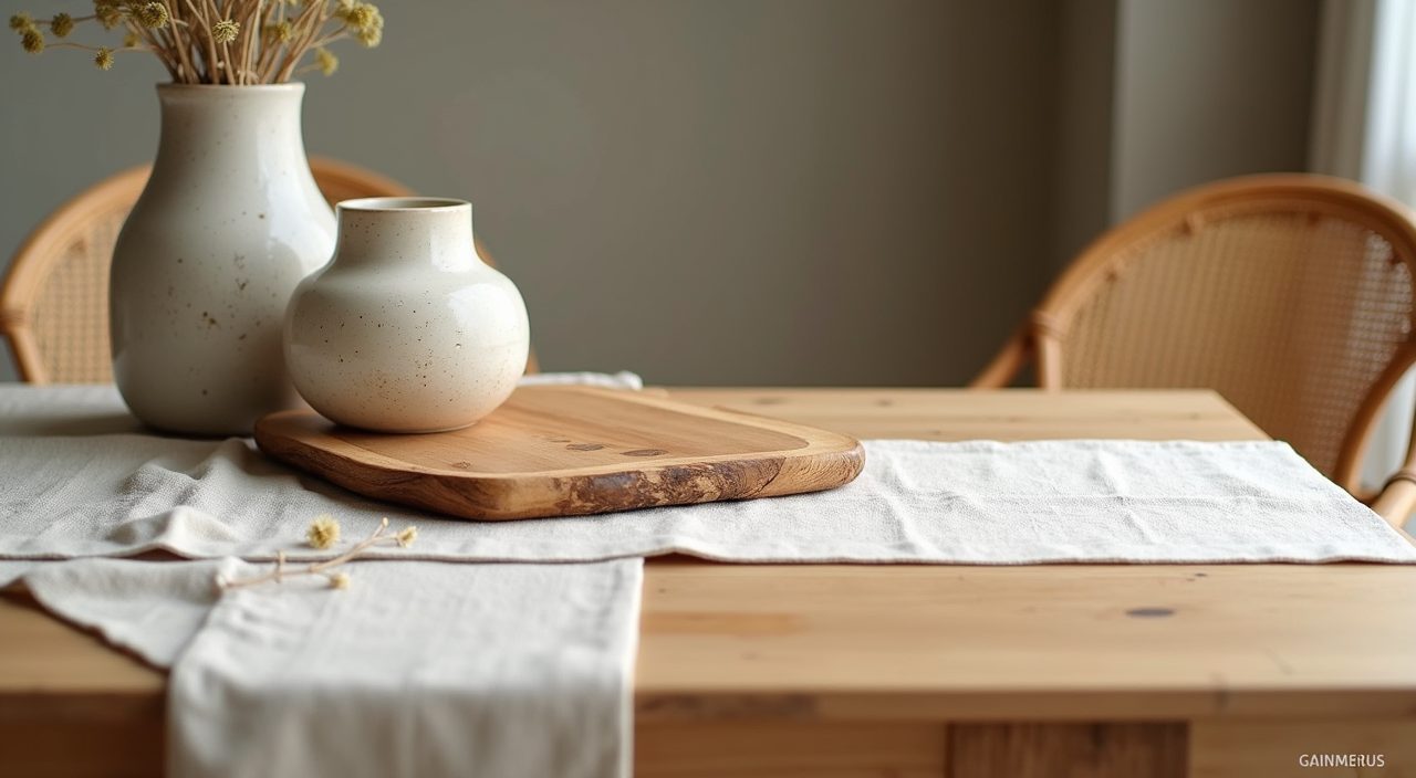 Layered linen, rattan and ceramic natural textures on a Japandi Singapore dining table