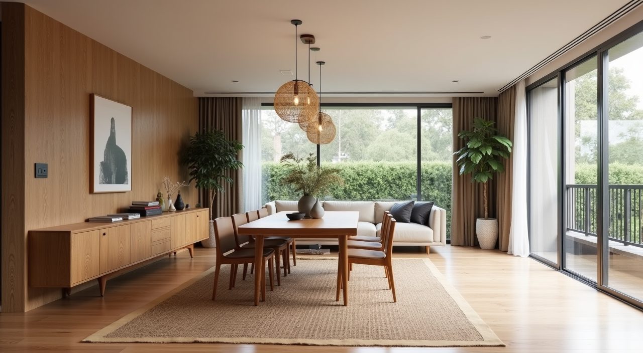 Open-plan Japandi dining area zoned with a rug and sideboard in a Singapore condo