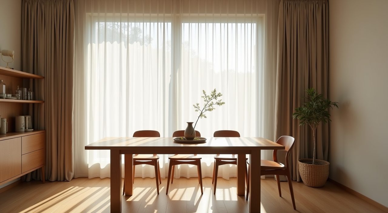 Sheer linen curtains diffusing daylight over a Japandi dining table in a Singapore apartment