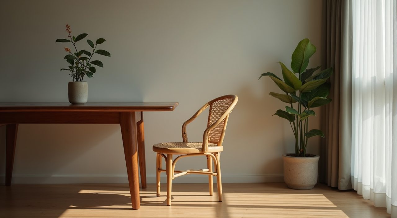 Quiet Japandi dining nook corner with rattan chair and snake plant in a Singapore HDB flat