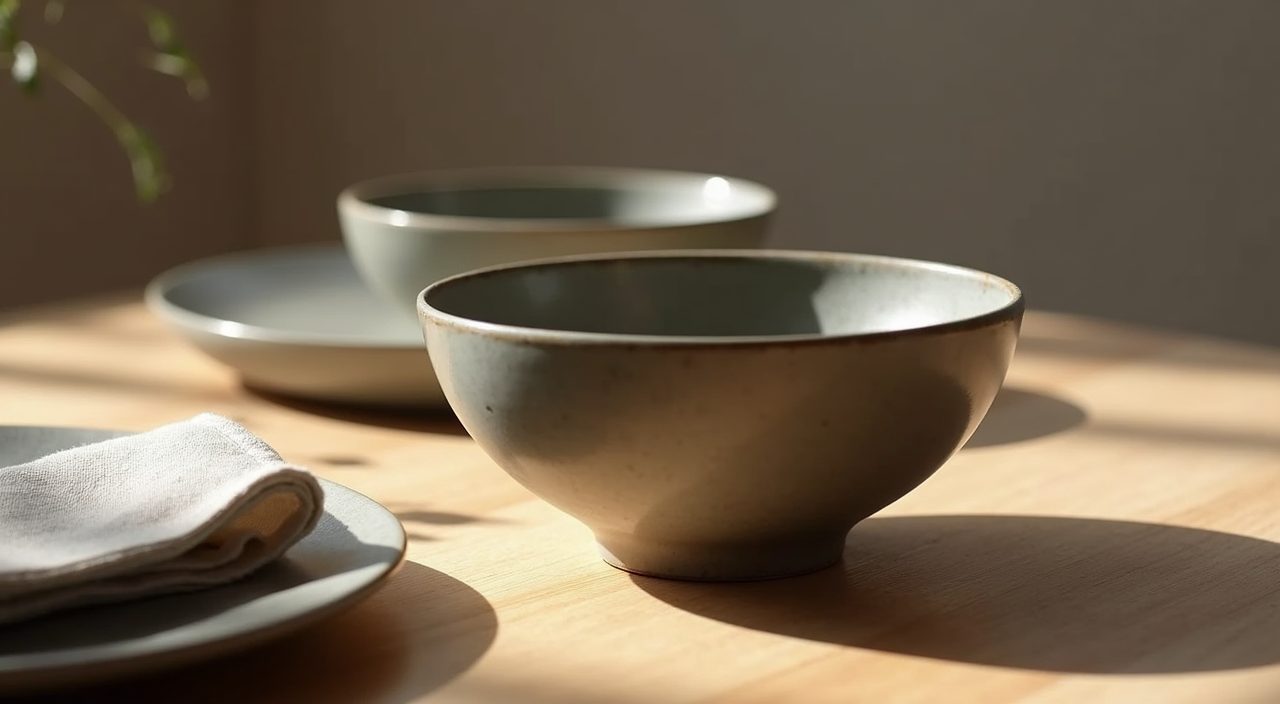 Set Japandi tabletop with muted ceramic tableware on oak in a Singapore dining area