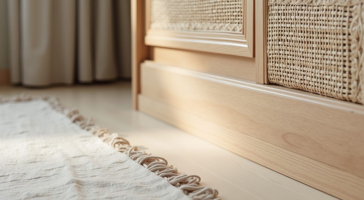 Close up of engineered oak veneer laminate and cane materials in a Japandi kids room Singapore