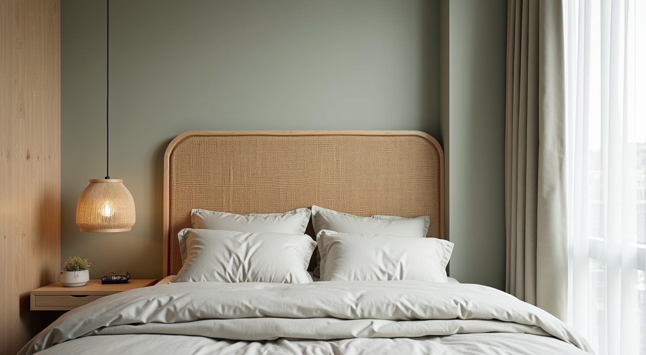Rattan headboard panel above a low platform bed in a Japandi kids room Singapore