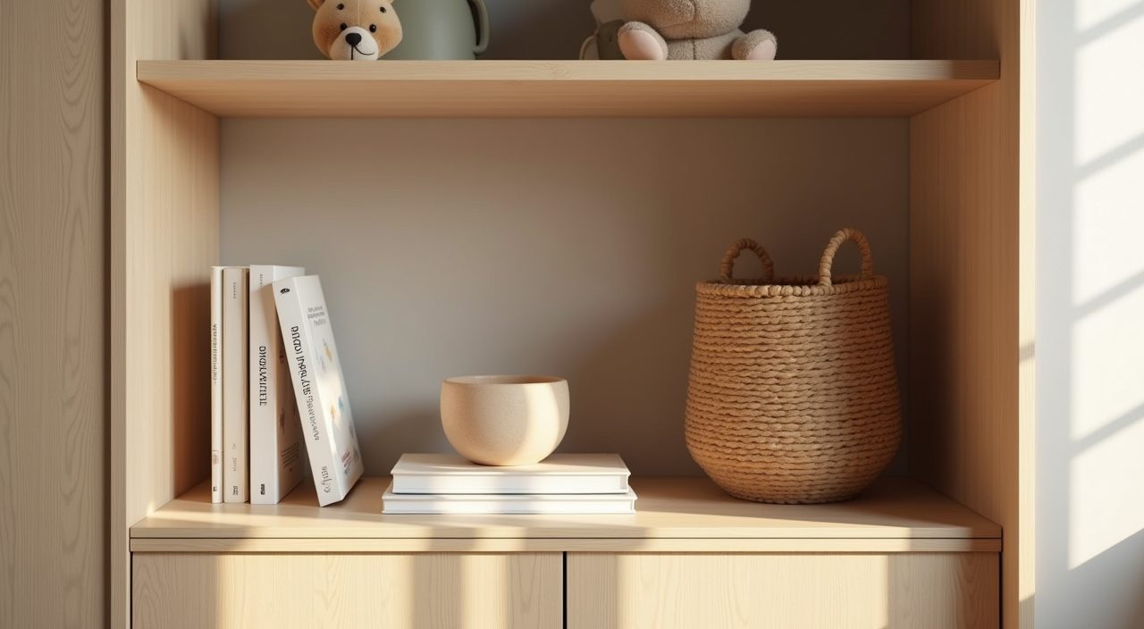 Curated open shelf niche with books and ceramics in a Japandi kids room Singapore