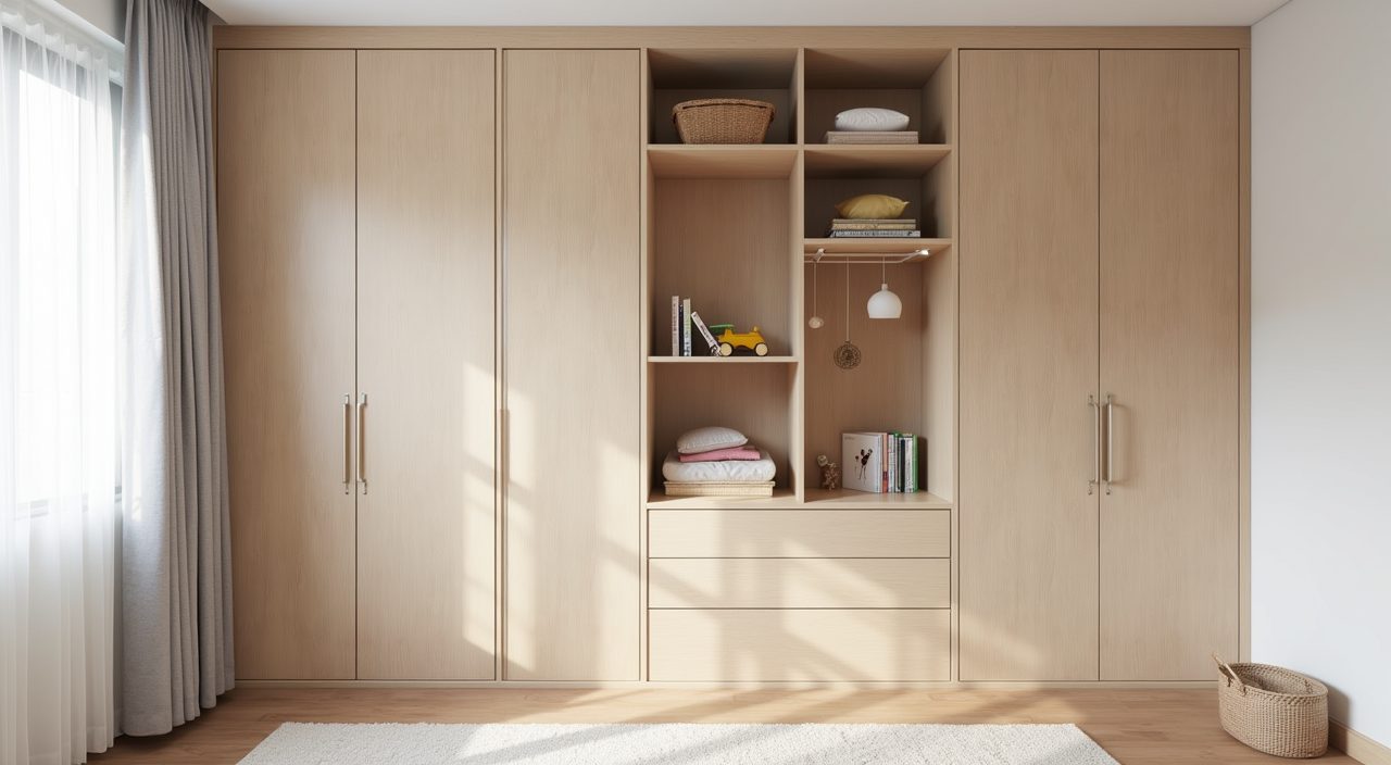 Floor to ceiling Japandi wardrobe with open niches and low drawers in a Singapore kids room