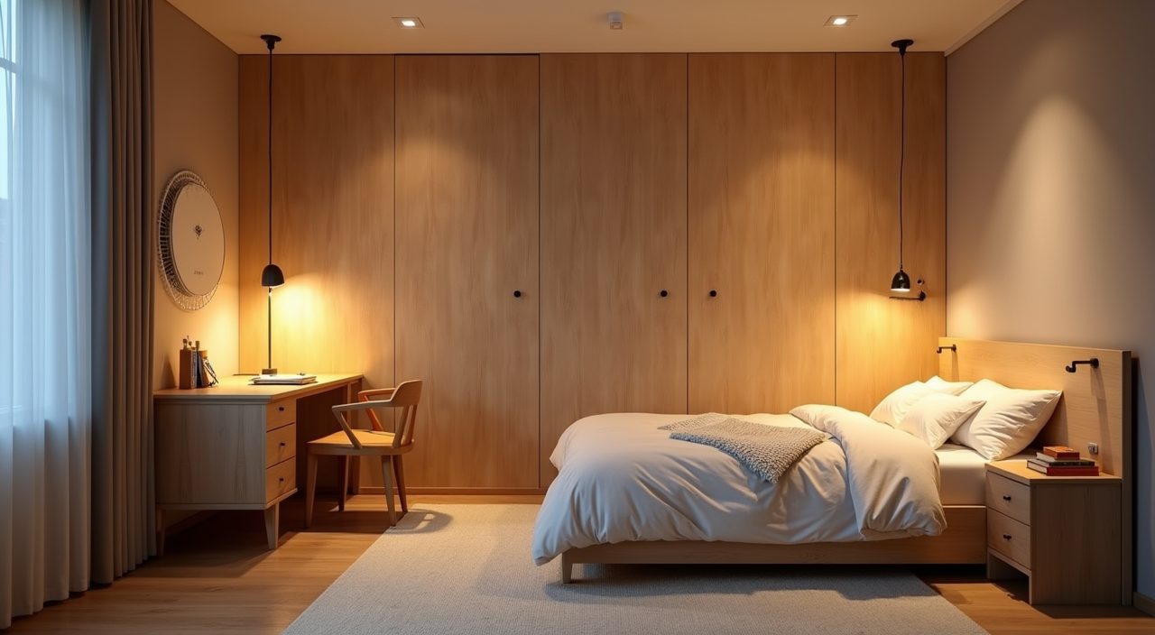 Layered warm lighting over study desk and bedside in a Japandi kids room Singapore