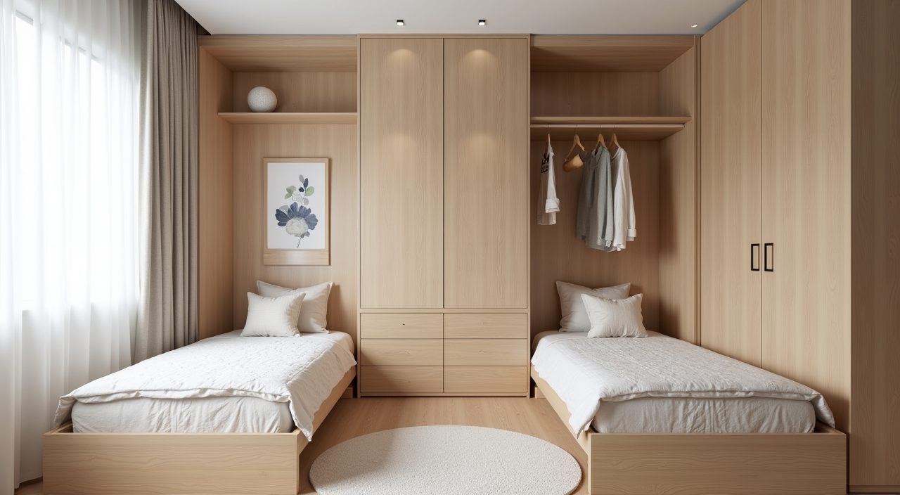 Adaptable Japandi kids room with matching pale wood platform beds in a Singapore condo