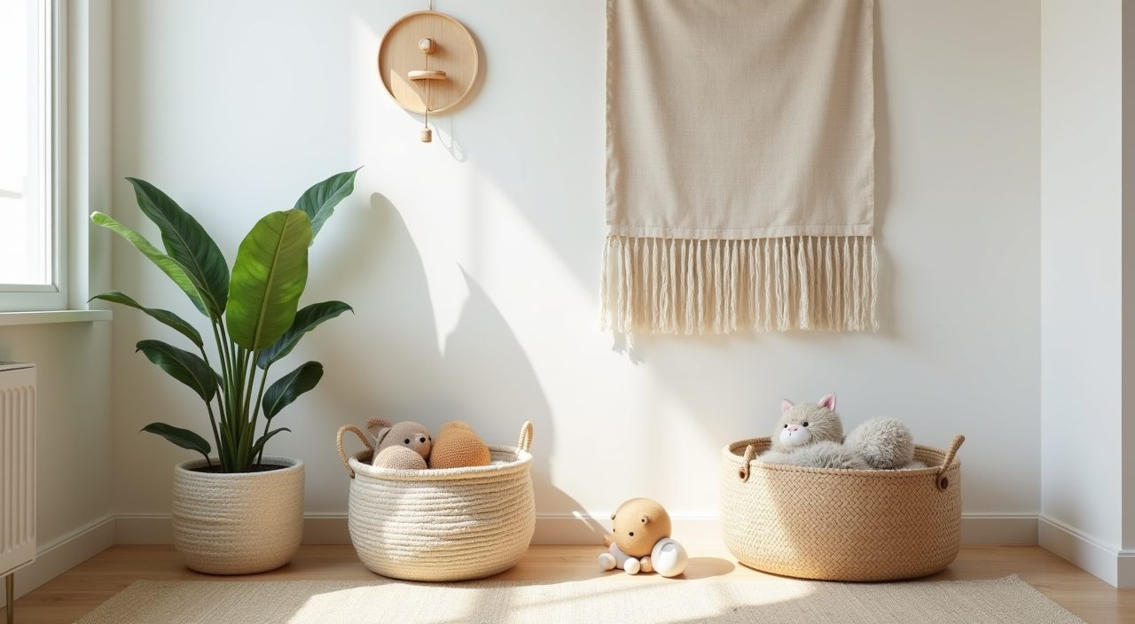 Japandi kids room corner with potted plant woven basket and linen wall hanging in Singapore