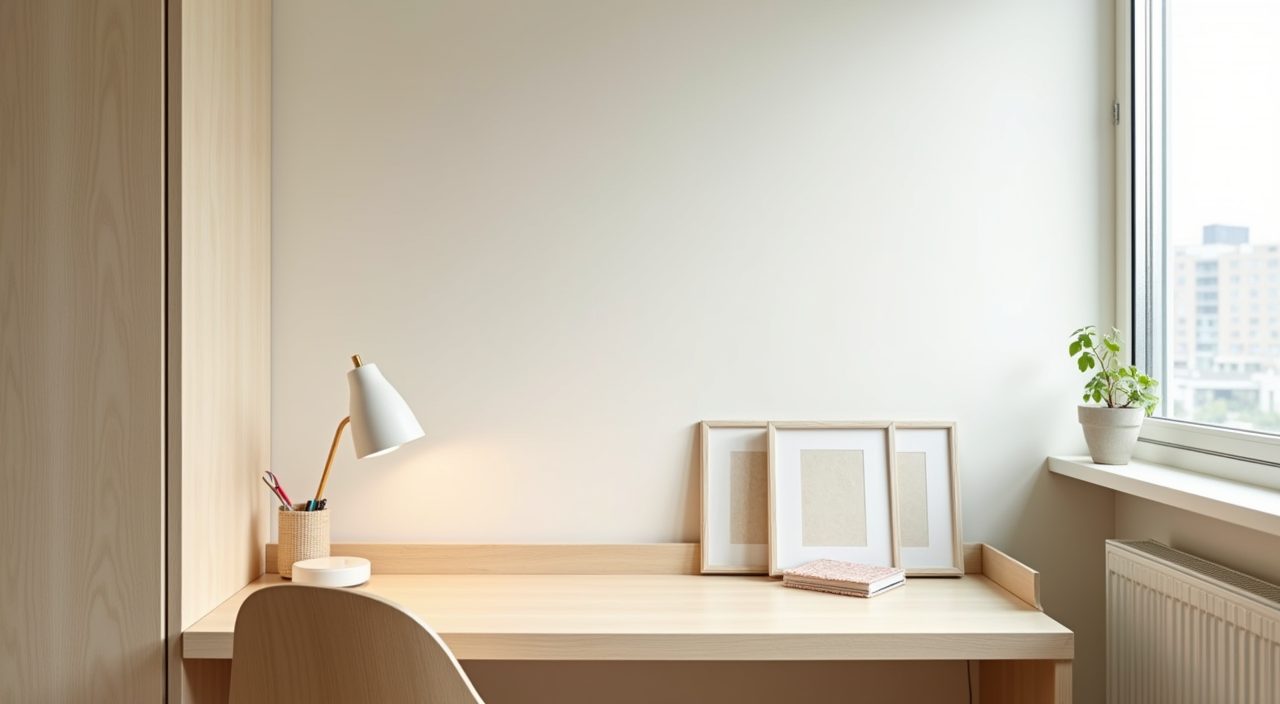 Japandi study nook with low oak desk and task lamp in a Singapore kids room