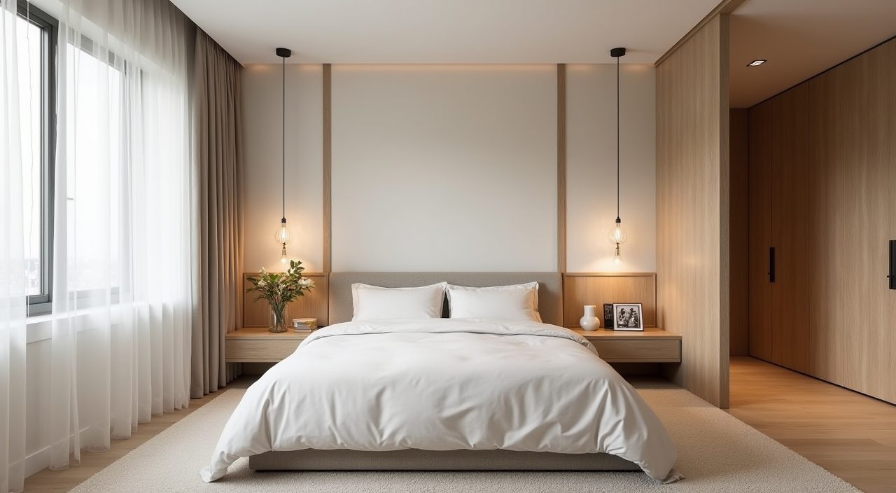 Japandi master bedroom in Singapore with warm muted greige and oak palette