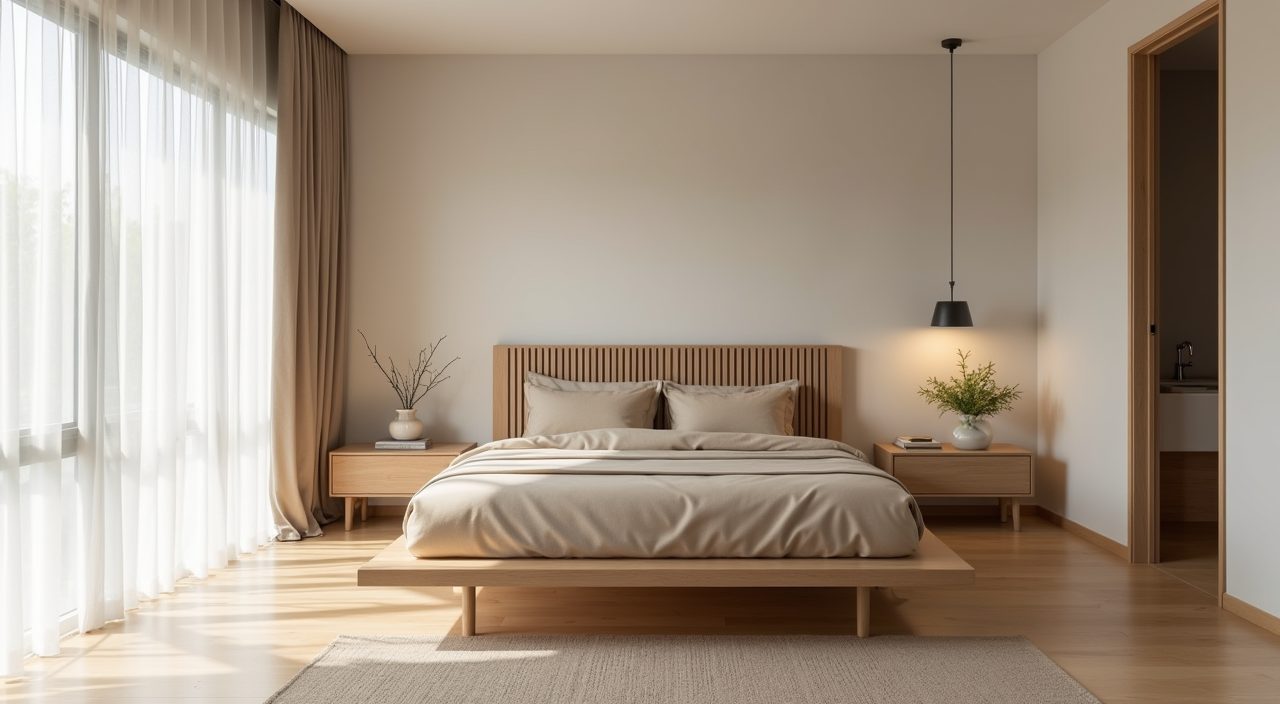 Low light timber platform bed in a Japandi Singapore master bedroom