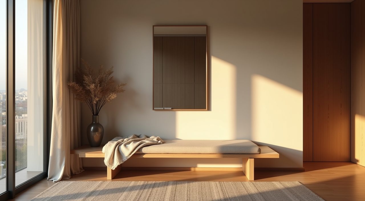 Serene Japandi bedroom corner nook with timber bench in a Singapore condo