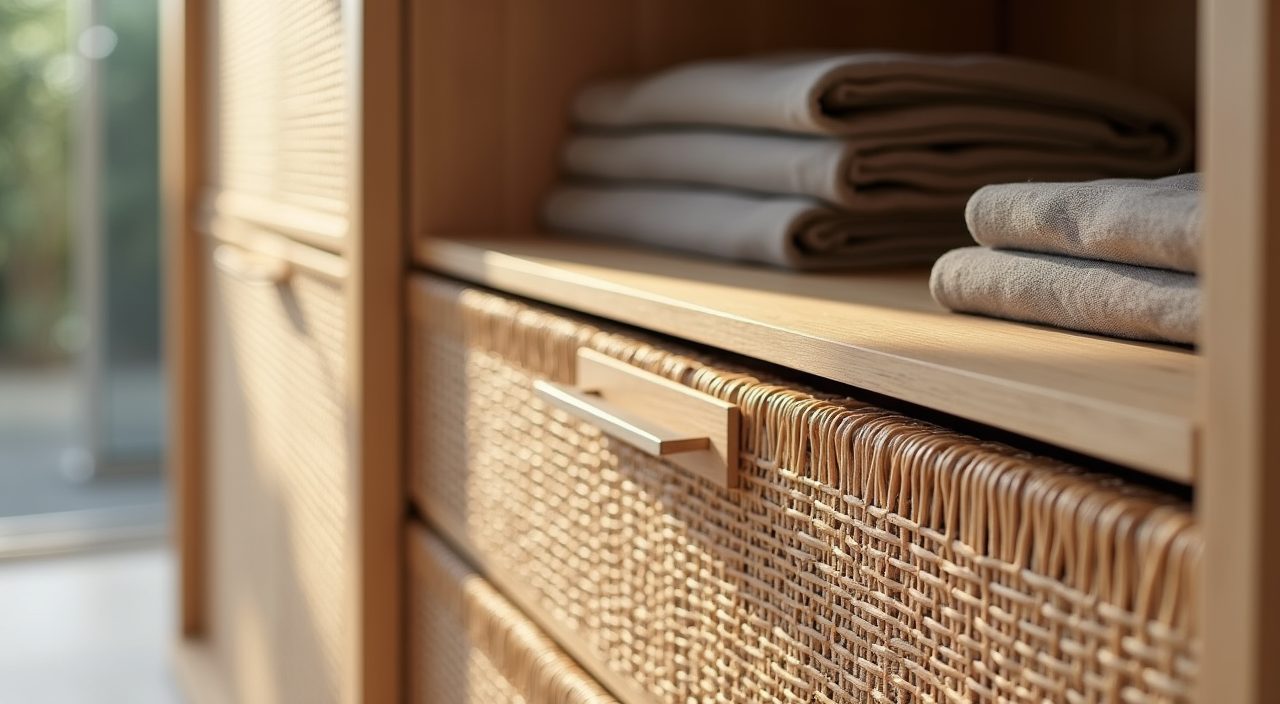 Close up of rattan, oak and linen materials in a Japandi Singapore bedroom