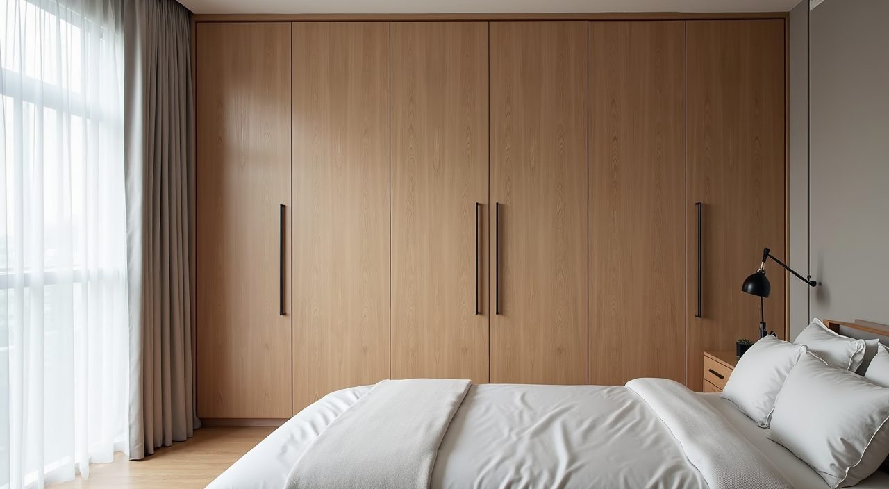 Flush handleless built in wardrobe in a Japandi Singapore master bedroom