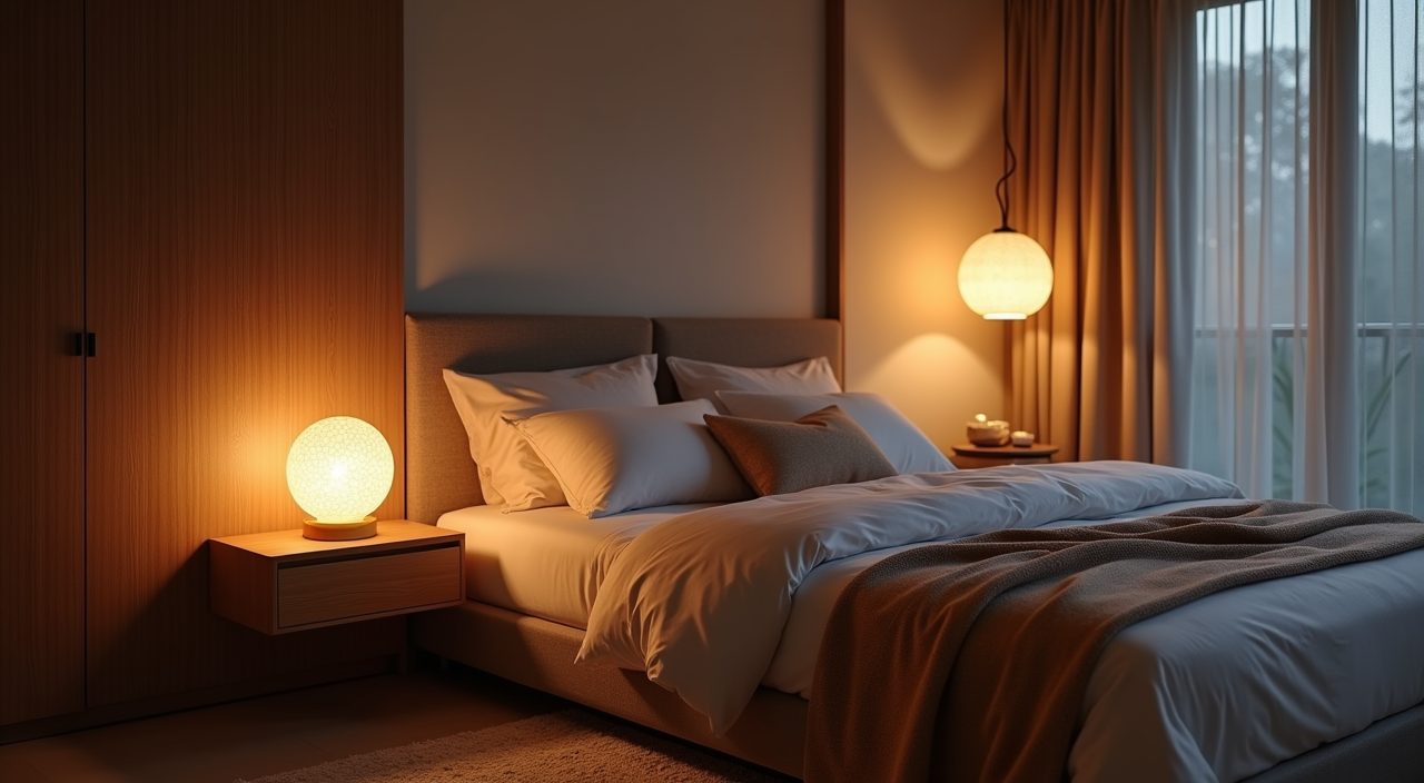 Warm layered bedside lighting in a Japandi Singapore master bedroom