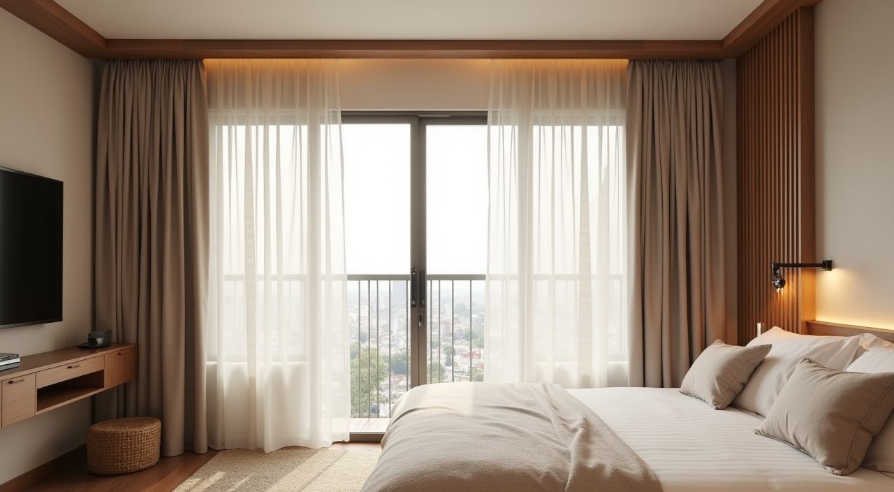 Linen sheer curtains and concealed aircon cornice in a Japandi Singapore bedroom